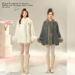 BB BLUE/芬兰雪境/2025年新款钉珠雪花真狐狸毛100羊毛双面呢大衣
