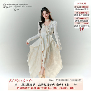 赫本小红裙千金感毛衣连衣裙秋冬季 新年战袍法式 BLUE原创设计