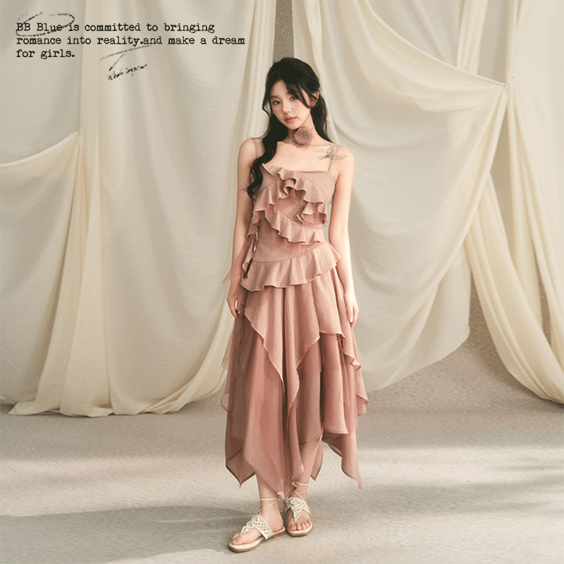 BB BLUE原创设计 浪漫氛围波浪层叠设计感卡布奇诺玫瑰仙女套装女