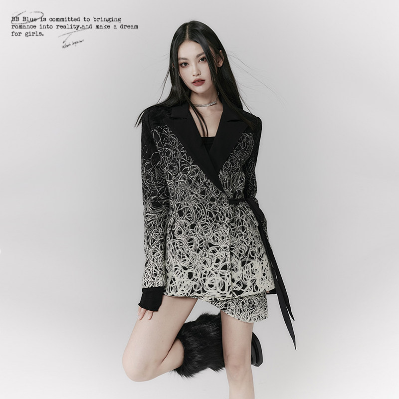 BB BLUE 原创设计休闲西装外套女秋冬季加厚高级小众上衣短裙套装
