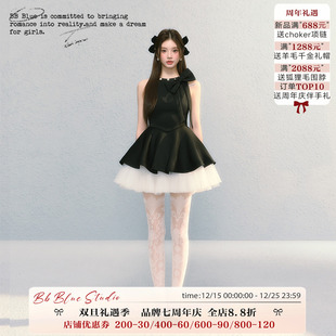 高级感圆领蝴蝶结无袖 法式 黑曜秘境 连衣裙a字礼服短裙夏 BLUE