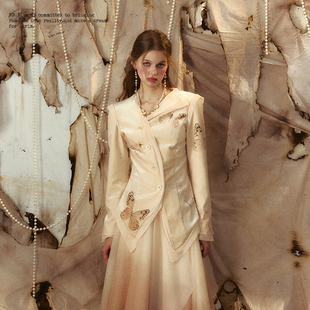 新中式 原创设计 蝴蝶西装 衬衫 外套女小众掐腰上衣中山装 BLUE