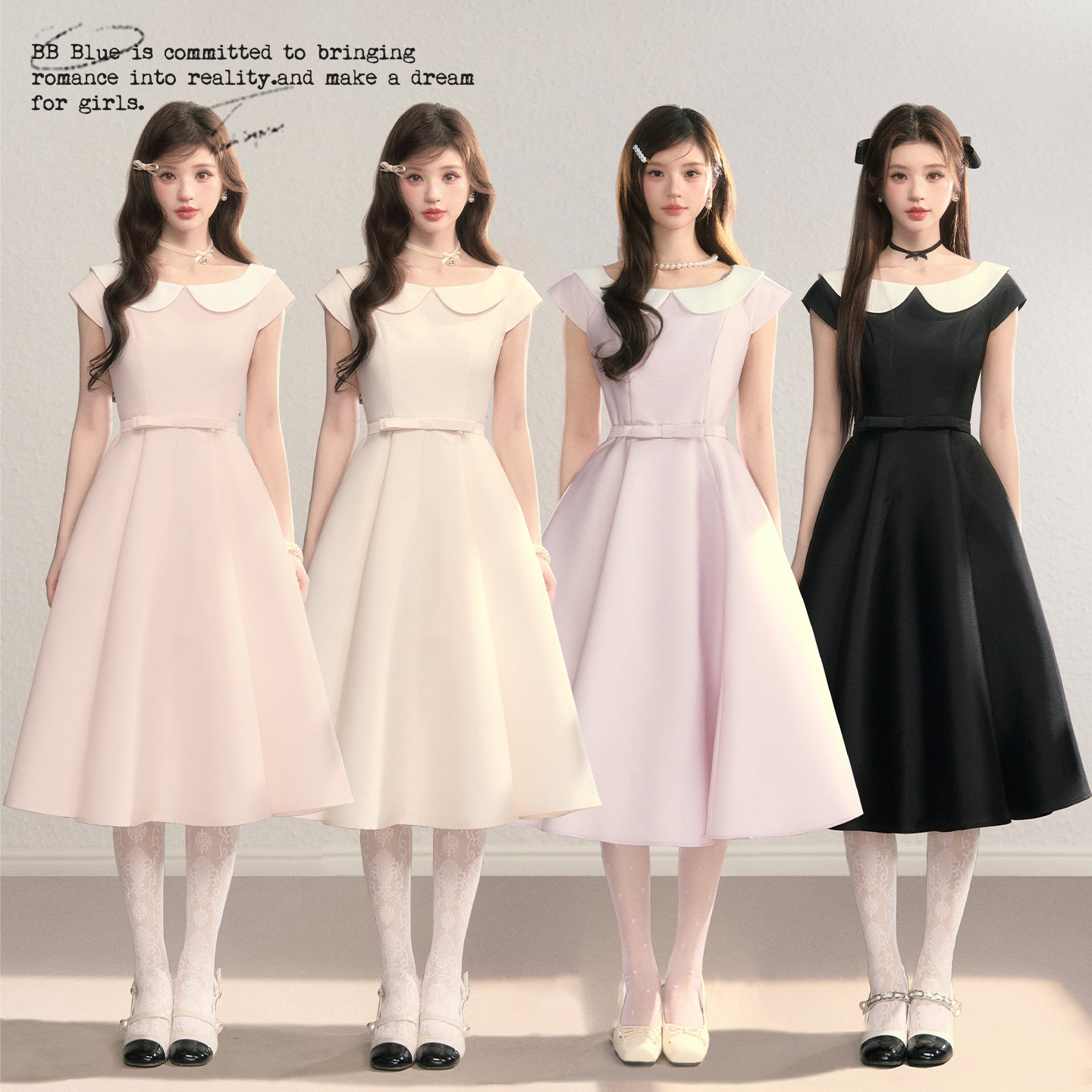 BB BLUE/温莎小姐/法式气质收腰娃娃领连衣裙赫本高级感公主长裙