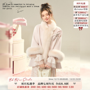 千金斗篷短款 法式 初雪将至 蝴蝶结氛围感甜美气质呢大衣 BLUE