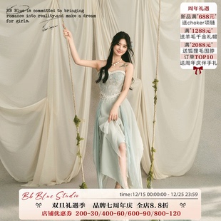 复古蕾丝鱼骨抹胸吊带层叠半裙薄荷微风仙女套装 BLUE原创设计