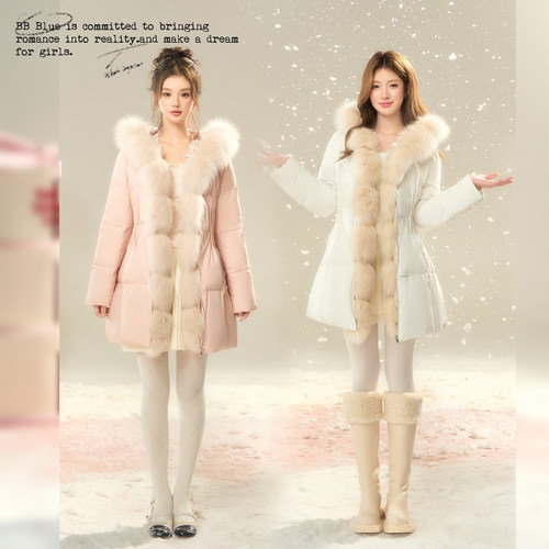BBBLUE/九尾狐毛领羽绒服/90白鸭绒狐狸毛大毛领甜美羽绒服外套女