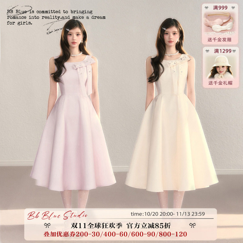 BBBLUE/赫本归来/法式圆领轻奢优雅生日千金风蝴蝶结缎面礼服裙女