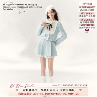 蓝白山茶花千金学院风套装 原创设计 蓝色定制千金高级感 BLUE