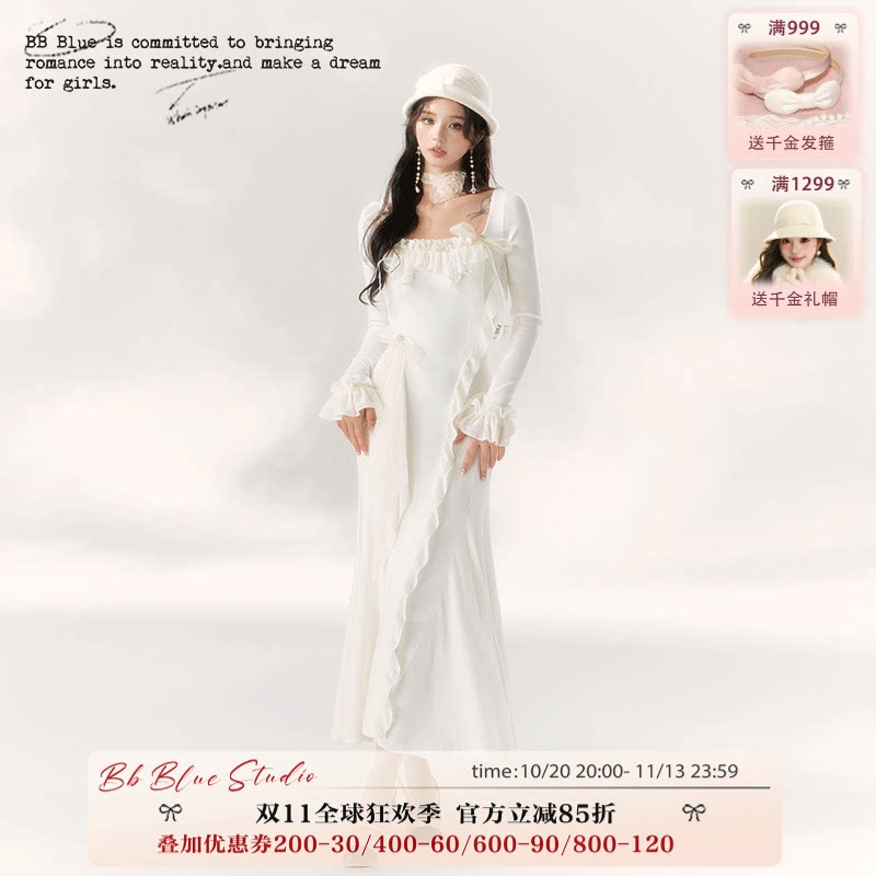 BB BLUE 原创设计 皎洁月光鱼尾连衣裙 秋冬配大衣的裙子修身高级