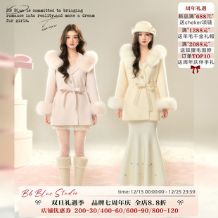 连帽系带狐狸毛领100全羊毛收腰显瘦双面呢大衣 初雪妲己 BLUE