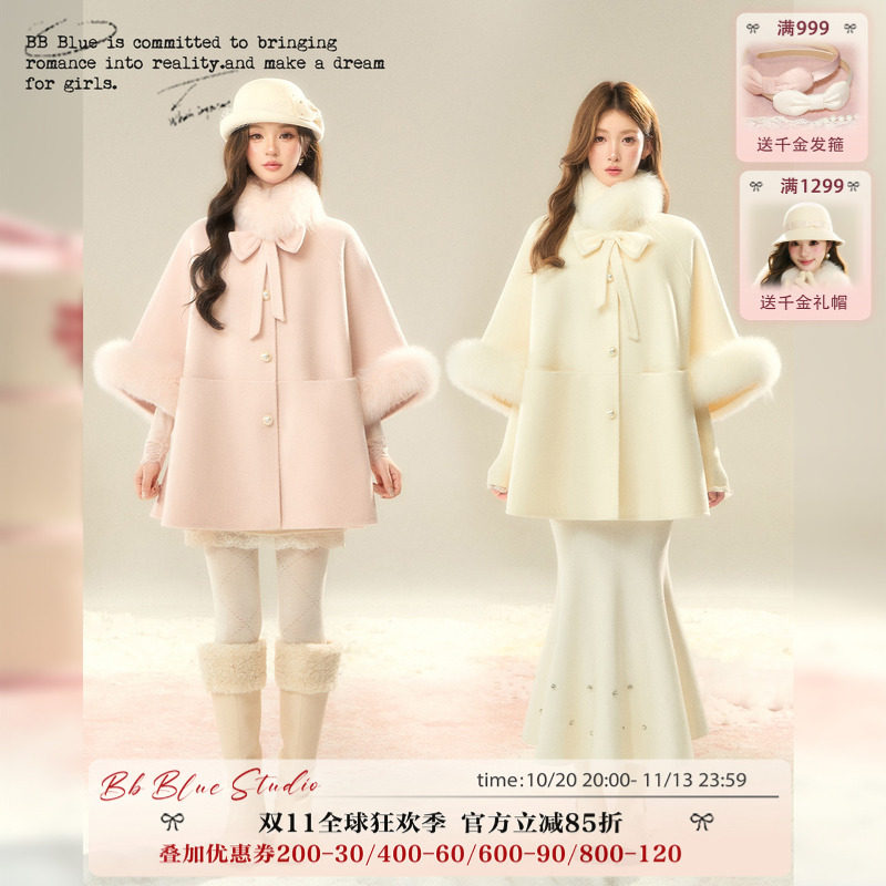 BBBLUE/冬日礼遇/2025年冬款100%羊毛呢斗篷外套甜美千金感大衣女