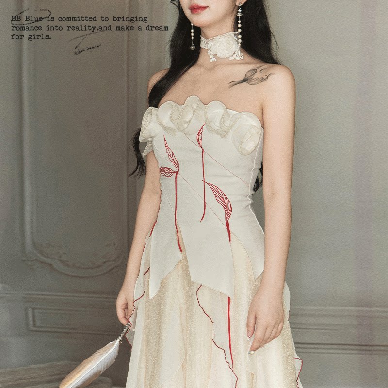 BB BLUE 原创设计 重工立体刺绣玫瑰花朵抹胸不规则撞色半裙套装