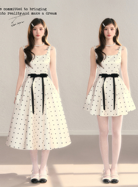 BBBLUE/心动波点/法式复古波点收腰设计感高级优雅A字礼服连衣裙