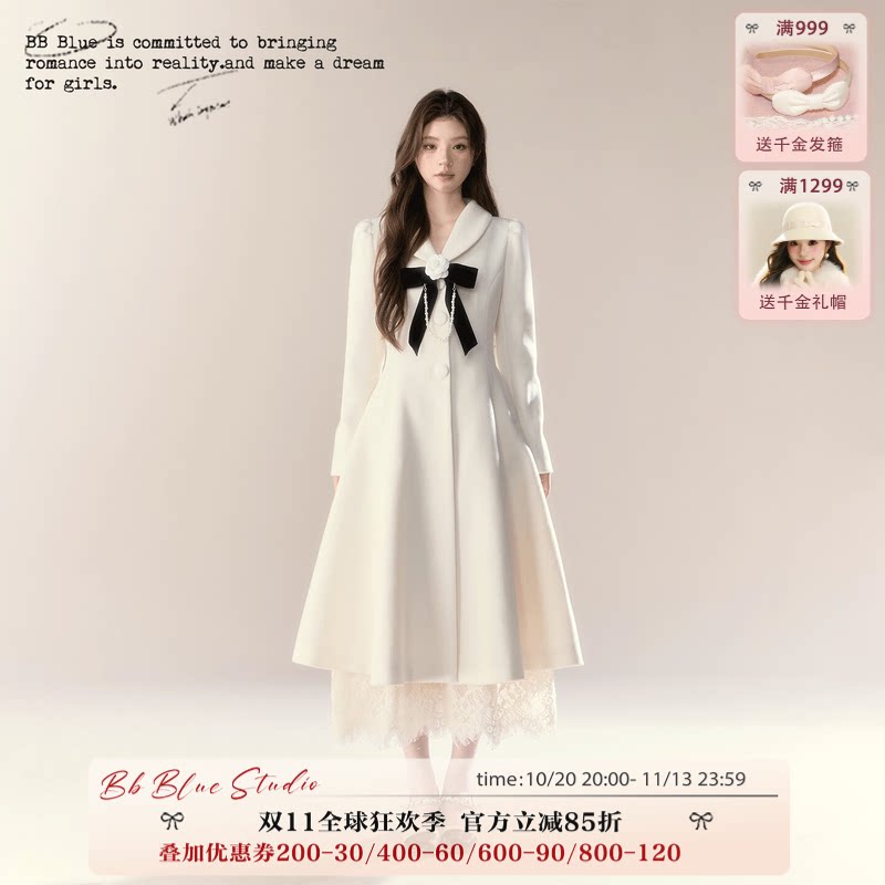 BB BLUE/山茶箴言/韩系双面毛呢大衣女新款气质收腰贵气长款外套