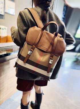 欧美时尚真皮双肩包2025新款格子格纹包轻便牛皮背包休闲女士书包