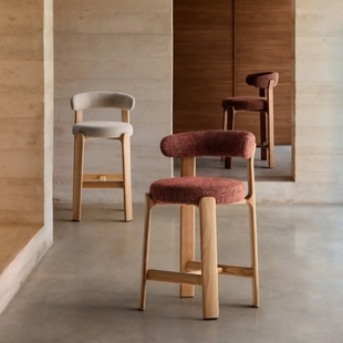 北欧复古奶油风吧台椅家用设计师款实木高脚椅子侘寂岛台靠背吧椅