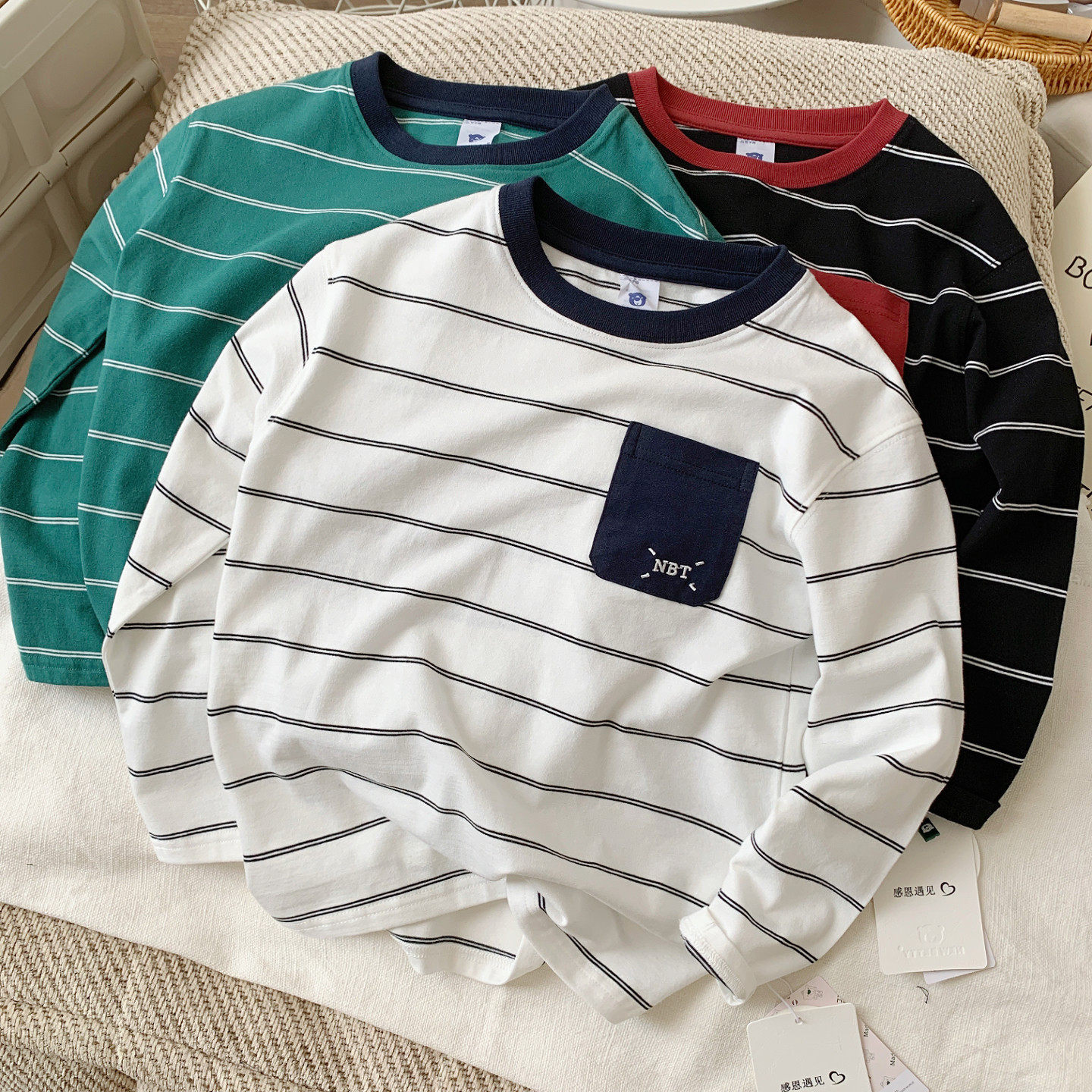 渺儿妈童品 男童口袋长袖T恤中大童春秋款撞色圆领条纹儿童装上衣,童装/婴儿装/亲子装,T恤,淘宝优惠券,粉丝福利购,淘宝优惠卷