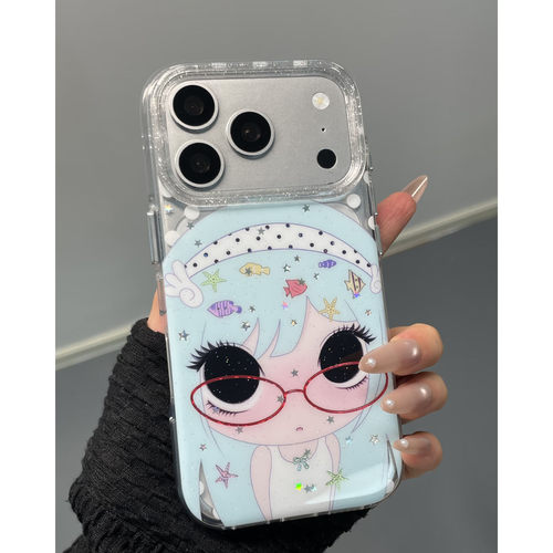 韩系闪闪蓝发少女全包防摔手机壳