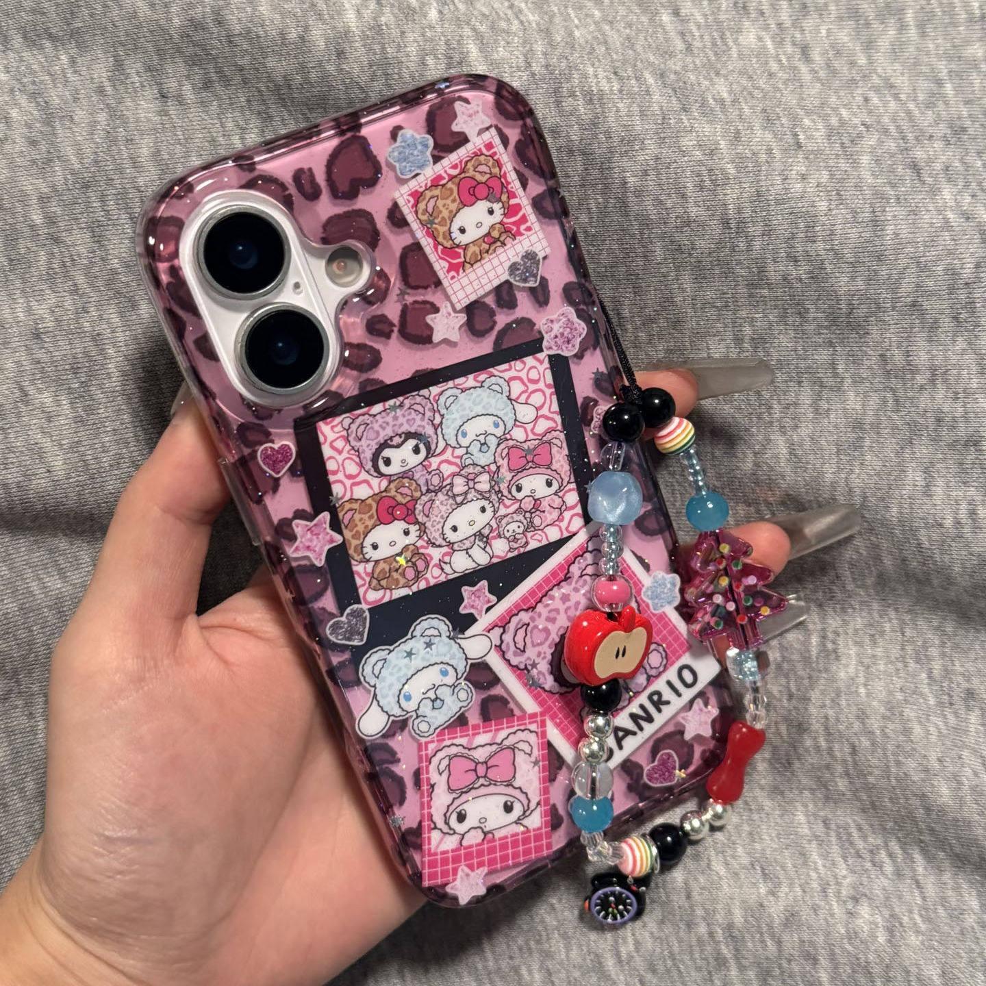 ins可爱豹纹三丽欧库洛米链条手机壳适用苹果16promax新款