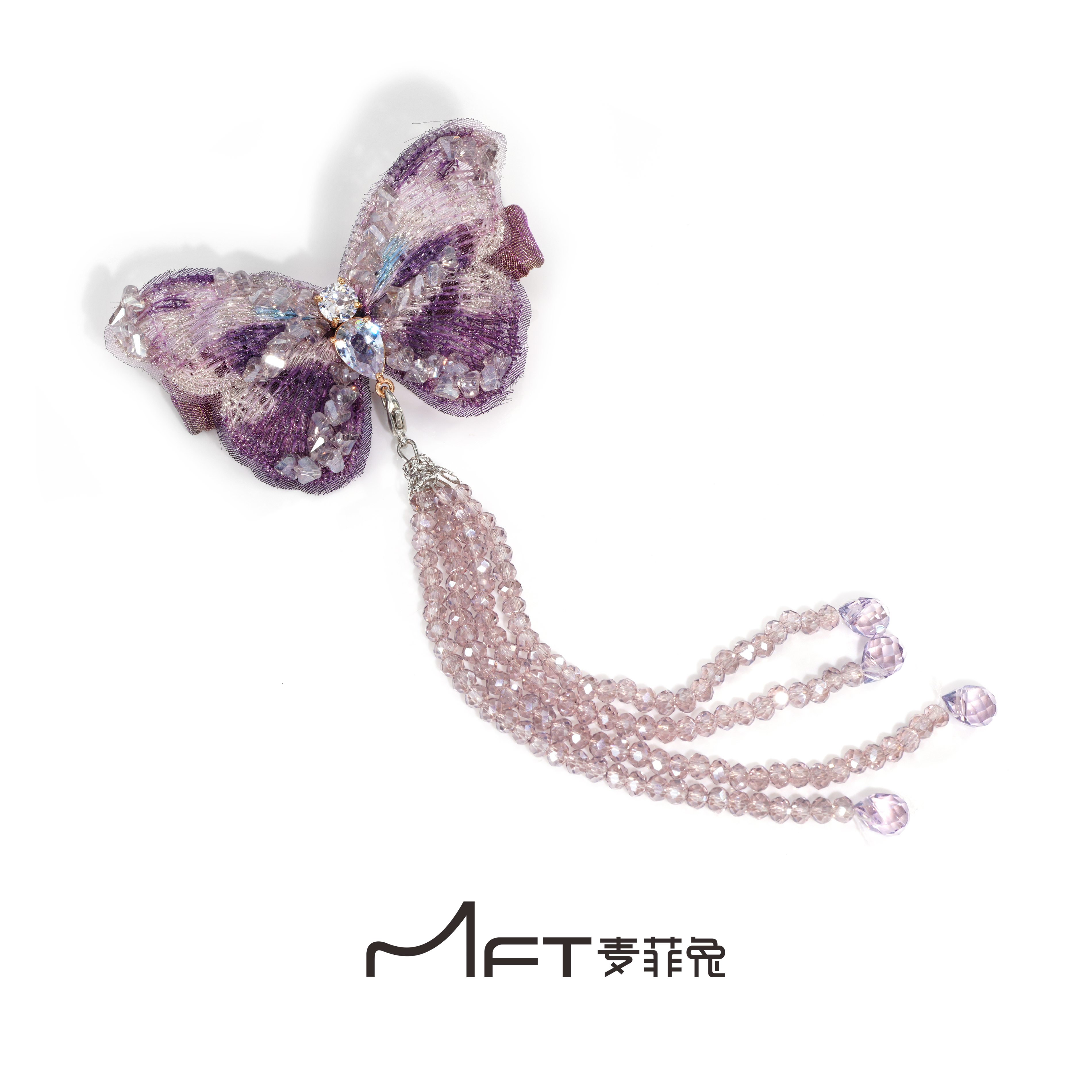 兰壹壹紫蝶珠帘鸭嘴夹紫色刺绣可拆卸流苏刘海发夹浪漫氛围发饰