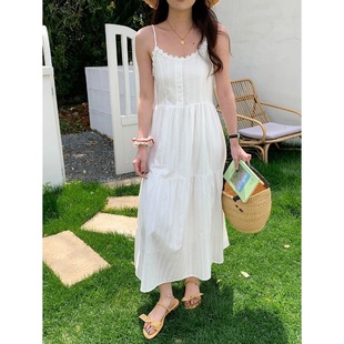 吊带连衣裙女夏季 温柔度假风甜美花边收腰显瘦裙子 新款 吊带裙法式