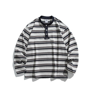 日系复古春秋季 亨利领卫衣男宽松潮牌学生情侣撞色条纹痞帅上衣男