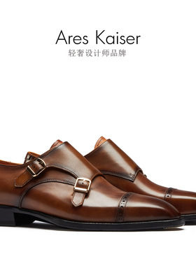 H53603暗线工艺雕花擦色孟克鞋琴底真皮大底手工皮鞋