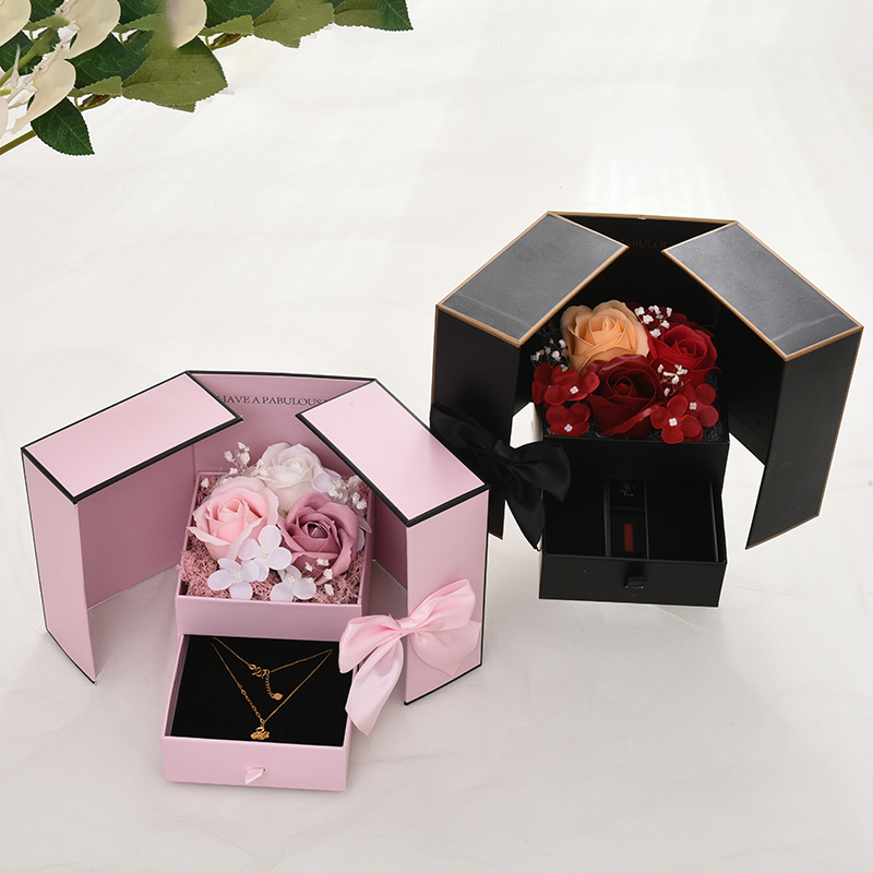 情人节双开门玫瑰花首饰包装礼盒 创意蝴蝶结永生花口红礼品盒