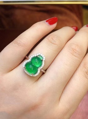 原创设计纯银镶天然冰种绿玉髓葫芦戒指女 玉石戒指活口圈指环