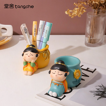 古风唐仕女创意笔筒办公室桌面唐小圆摆件可爱治愈系少女心礼物