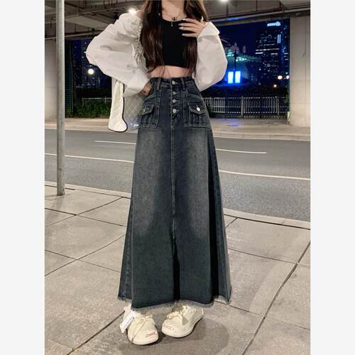高腰毛边牛仔半身裙女装