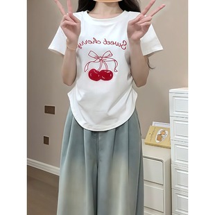 胖mm设计感时尚 大码 T恤夏季 女装 绝美上衣 韩系樱桃蝴蝶结刺绣短袖