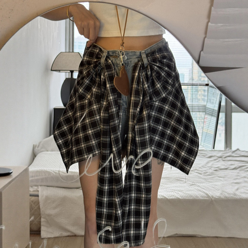 大码美式格子屁帘牛仔短裤女夏季高腰设计感显瘦做旧辣妹叠穿热裤