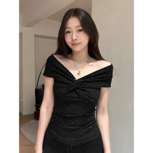 修身 大码 夏季 胖mm性感辣妹一字肩烫钻短袖 显瘦设计感上衣 T恤女装