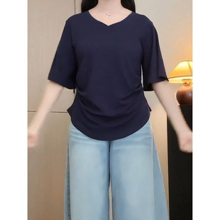 上衣 大码 胖mm纯色V领褶皱掐腰T恤女夏季 新款 韩系气质显瘦百搭半袖