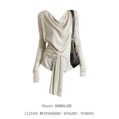 大码 上衣 打底衫 胖mm轻熟辣妹风荡领绑带收腰T恤女早秋季 百搭长袖