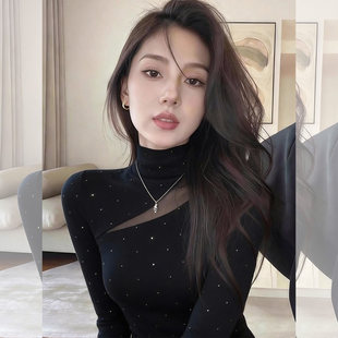 新款 女2026春季 烫钻T恤黑色上衣潮 胖mm绝美漂亮半高领打底衫 大码