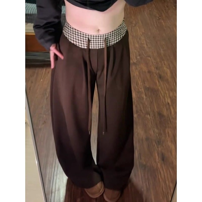 大码美式格子拼接腰头休闲裤女2026新款高腰显瘦拖地阔腿长裤子潮,女装/女士精品,大码裤装,淘宝优惠券,粉丝福利购,淘宝优惠卷