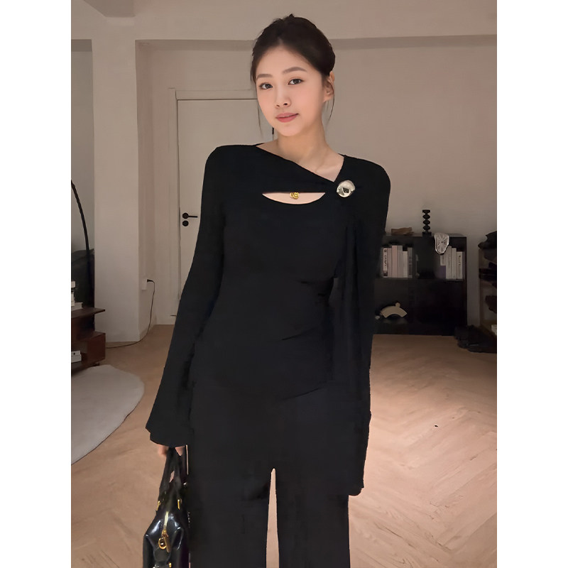 大码胖mm喇叭袖上衣女秋冬季斜肩不规则飘带设计T恤修身显瘦小衫,女装/女士精品,大码内搭,淘宝优惠券,粉丝福利购,淘宝优惠卷