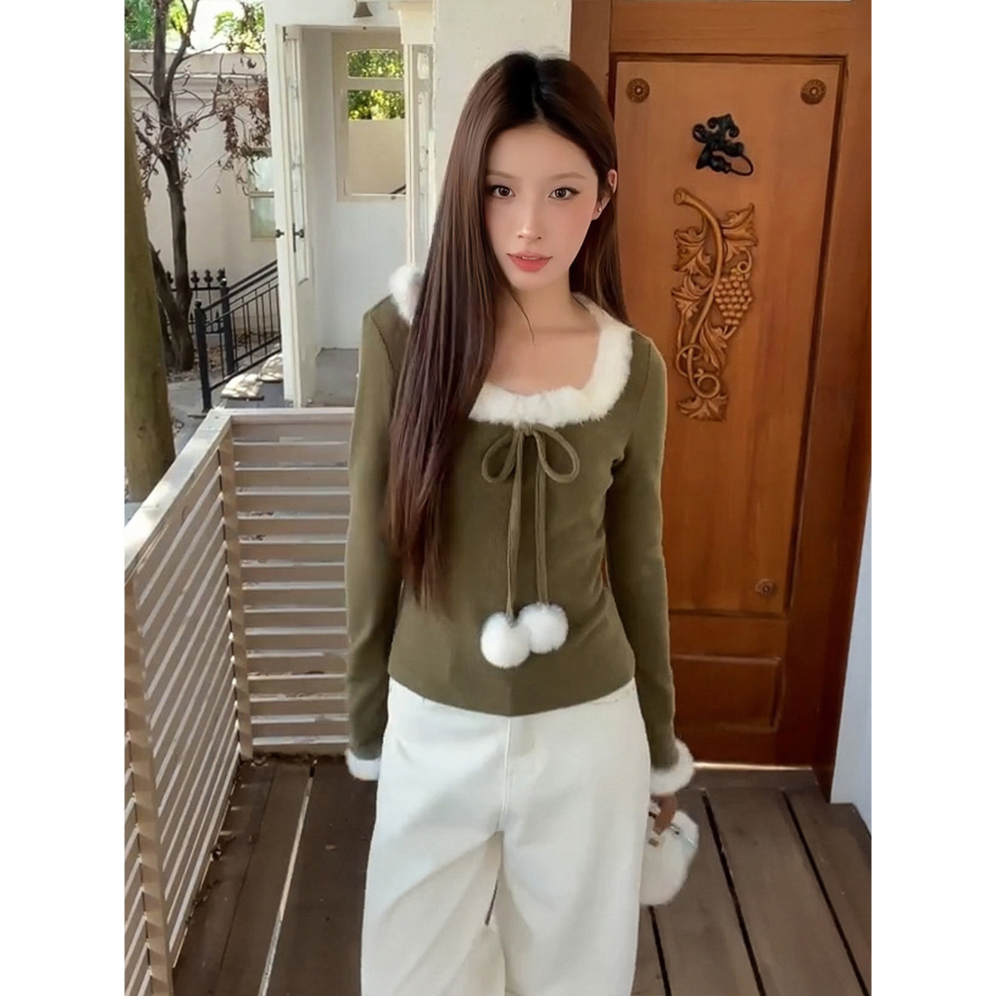 大码胖mm韩系绿色长袖T恤女秋冬季系带毛毛打底衫修身显瘦上衣潮,女装/女士精品,大码内搭,淘宝优惠券,粉丝福利购,淘宝优惠卷