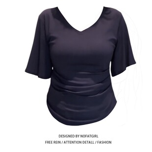 新款 大码 T恤女2026夏季 短袖 正肩显瘦遮肉上衣 胖妹妹纯欲V领蝙蝠袖