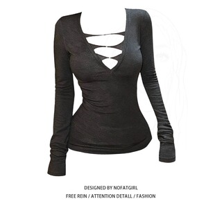 气质打底衫 大码 显瘦时尚 T恤女早秋季 上衣 胖MM性感V领镂空绑带长袖