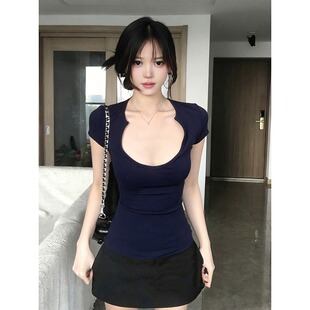 正肩短袖 t恤女夏季 收腰气质辣妹风上衣 胖mm纯欲风u领显瘦修身 大码