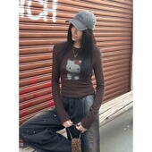 韩系Kitty猫印花圆领长袖 t恤女秋冬季 加绒磨毛修身 大码 打底衫 上衣