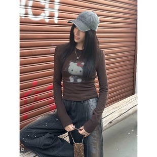大码韩系Kitty猫印花圆领长袖t恤女秋冬季加绒磨毛修身打底衫上衣