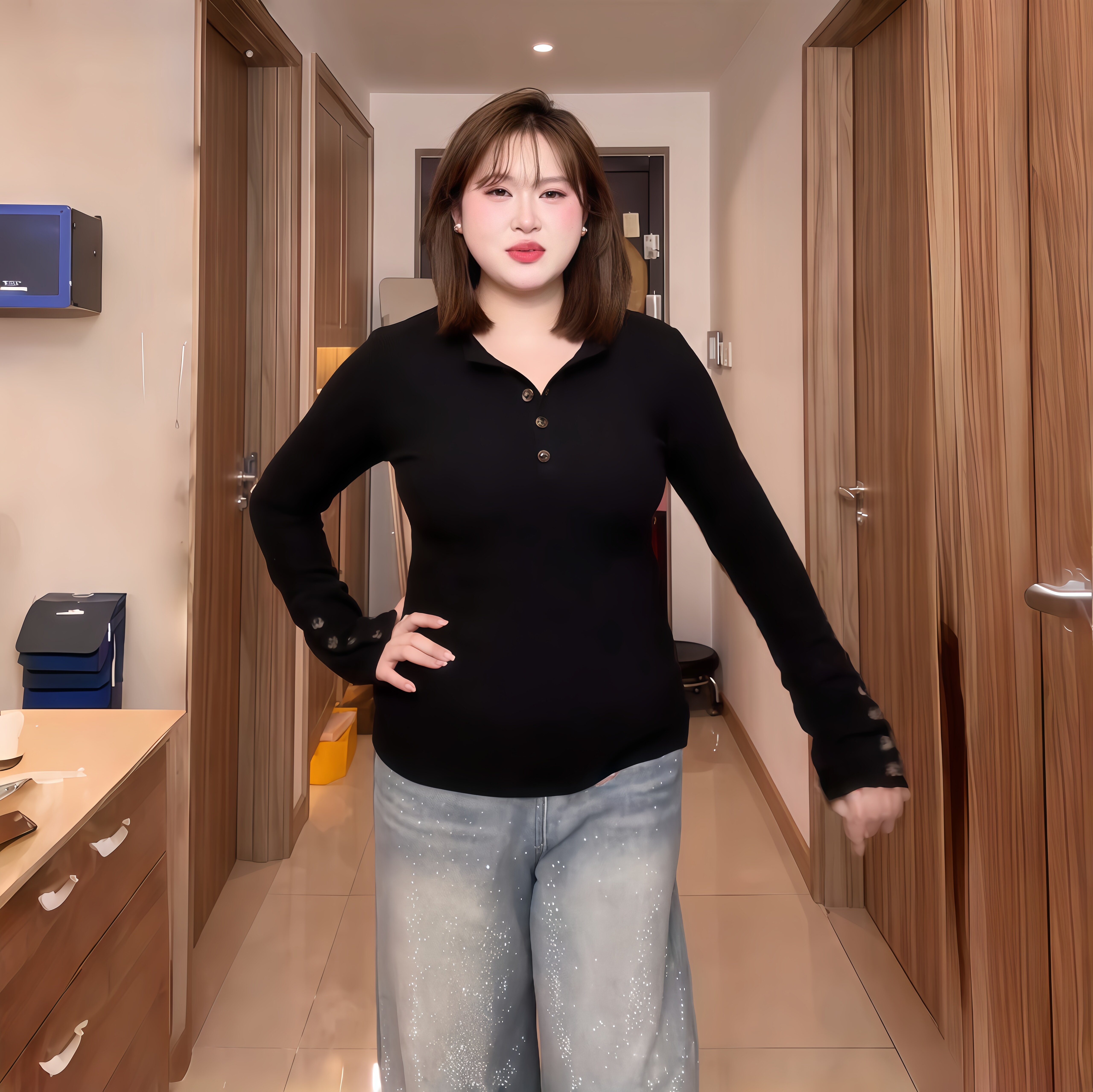 大码微胖mm纯色亨利V领纽扣长袖t恤女装百搭风修身打底衫内搭上衣