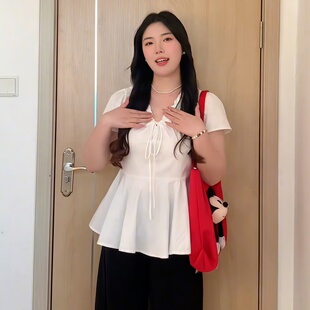 女夏季 大码 衬衫 法式 胖mm显瘦气质甜美衬衣 设计感V领褶皱白色短袖