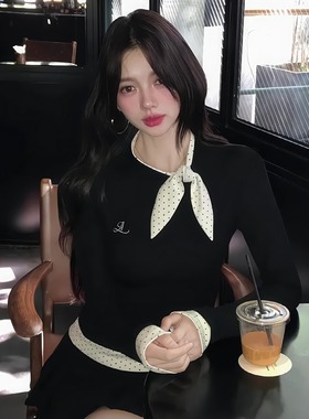 大码胖mm黑色法式蝴蝶结撞色长袖T恤女早秋显瘦气质时尚绝美上衣