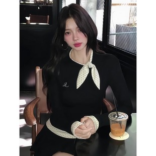 T恤女早秋显瘦气质时尚 蝴蝶结撞色长袖 绝美上衣 胖mm黑色法式 大码