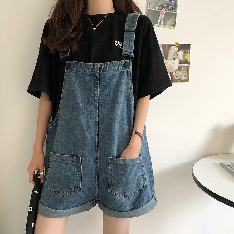 大码盐系牛仔背带裤女夏季新款胖妹妹韩版宽松高腰显瘦显高短裤潮